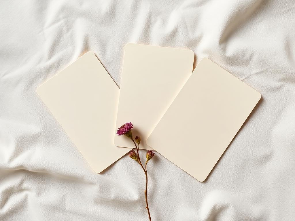 Trois cartes crème en éventail avec une fleur séchée