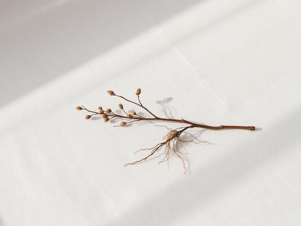 Branche et racines délicates sur lin ivoire