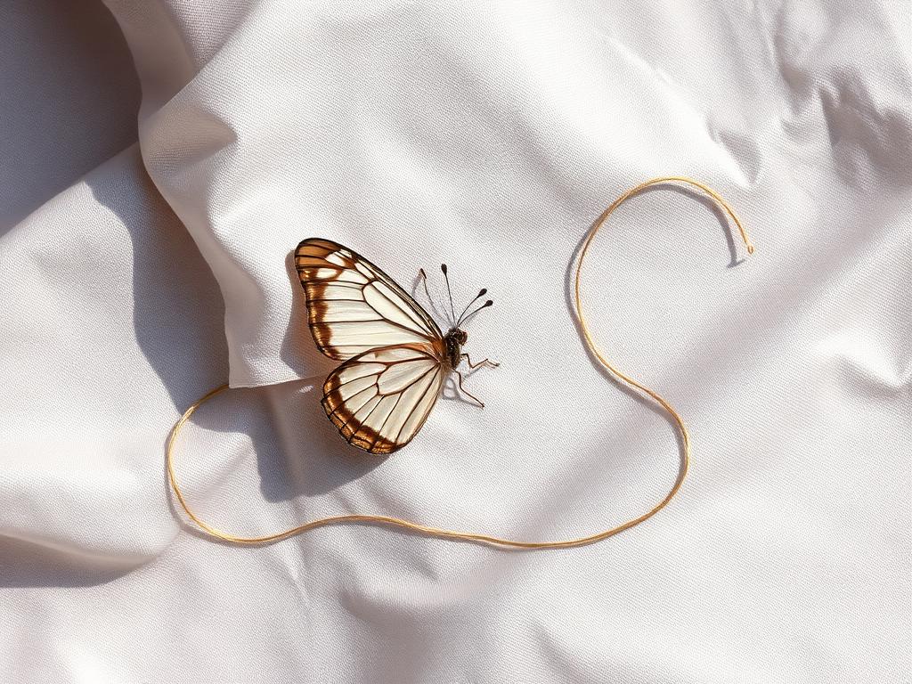 Aile de papillon et fil doré sur tissu ivoire